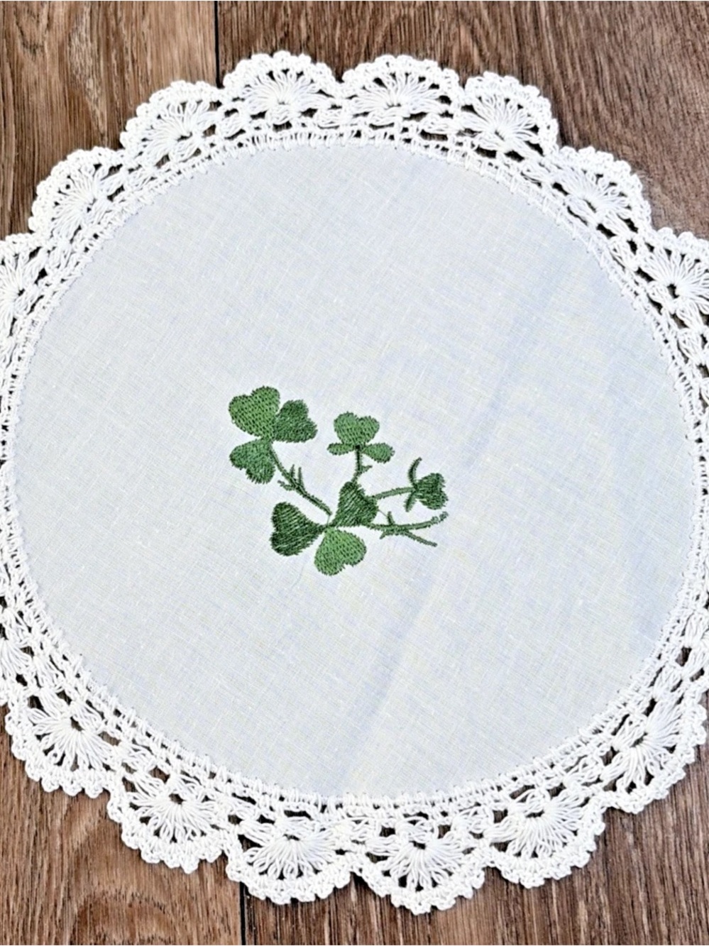 Handmade Irish Linen Doily with Embroidered Shamrock Crochet Border Vintage 9"